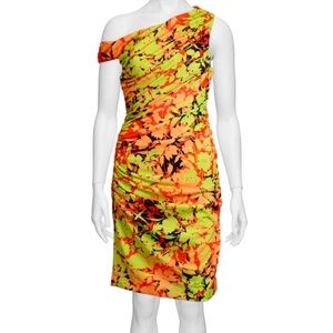 Badgley Mischka One Shoulder Dress in Orange and Green